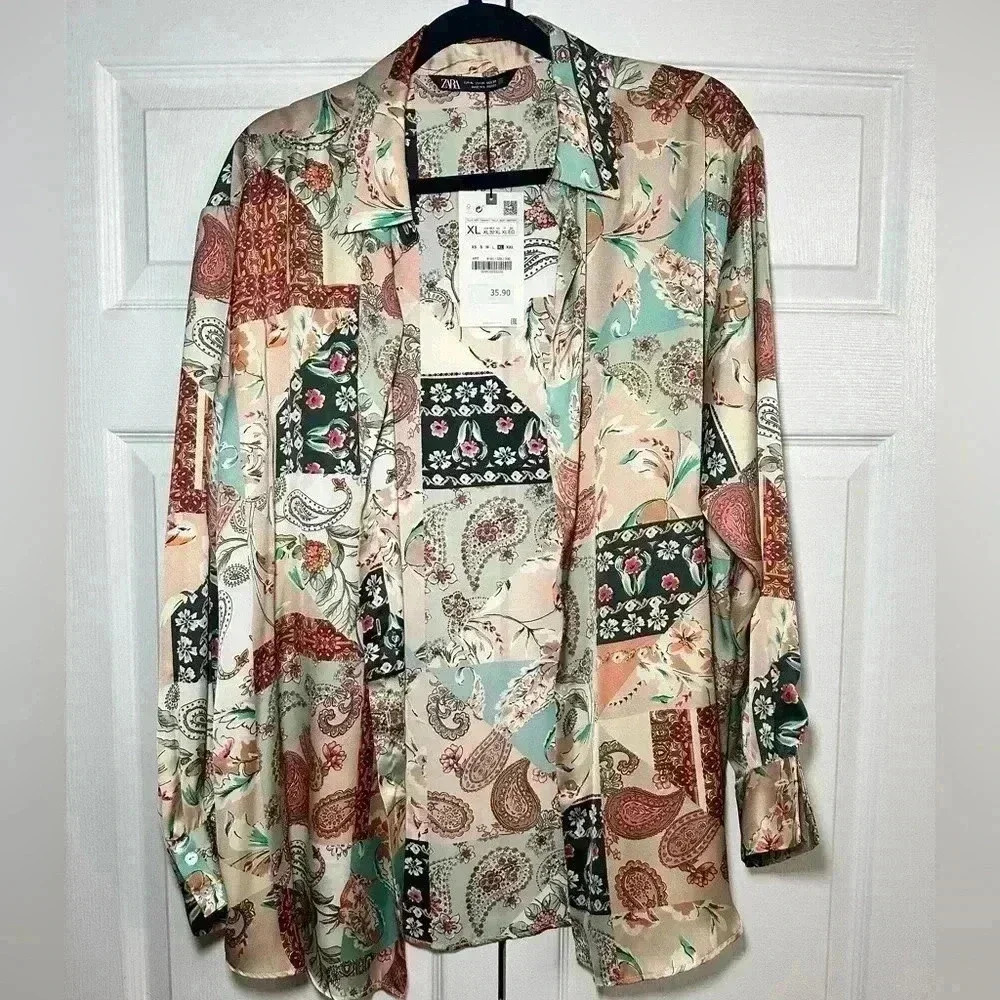 Zara Printed Long Sleeve Satin Shirt - Size XL
